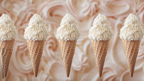 Obraz na płótnie Vanilla ice cream cones with splashes of melting ice on a beige background, top view w salonie