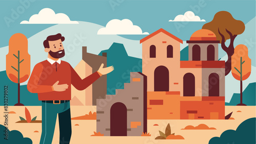 Dilapidated structures and worndown buildings hold their own mystery as the tour guide delves into the intriguing backstories of their creation.. Vector illustration