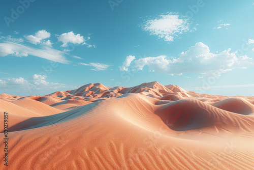 A vast desert with rolling sand dunes under a clear sky. Concept of arid landscapes and endless horizons. Generative Ai.