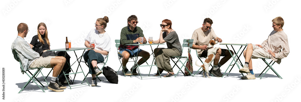 Obraz premium Outdoor café scene with many young people sitting and relaxing isolated on white background