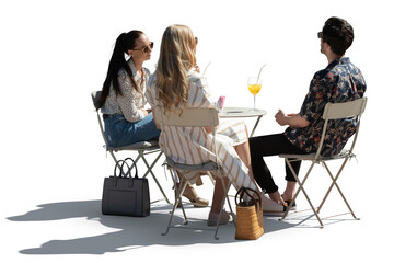 Group of friends sitting in an outdoor restaurant isolated on white background