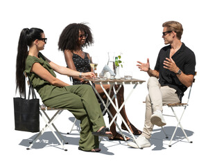 Group of elegant young people sitting in an outdoor café isolated on white background