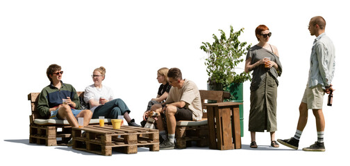 Group of young people relaxing in a hipster café with pallet tables isolated on white background