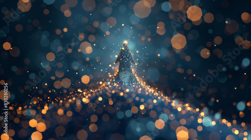 Abstract holiday background with a shimmering christmas tree made from sparkling lights and bokeh photo