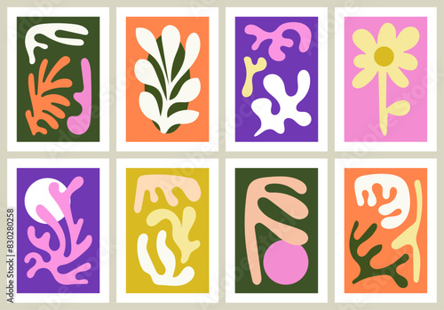 Set of colorful abstract plant compositions. Contemporary posters with trendy creative botanical shapes and organic doodle elements. Naive and playful covers. Flat vector illustrations.