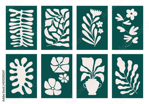 Botanical posters with abstract plants and organic shapes. Set of contemporary wall art. Floral flat vector illustrations of vertical artworks with naive elements. Boho art.