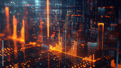 Abstract digital cityscape with glowing lines and tech overlay, embodying a futuristic cyber world