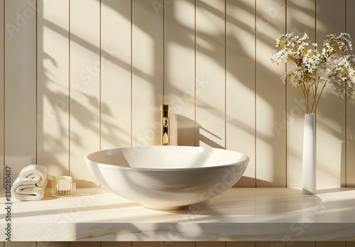 A modern bowl washbasin on a white stone vanity counter with a gold chrome faucet  casting a shadow on a cream wood panel wall in sunlight  perfect for luxury beauty  skincare  and body care product d