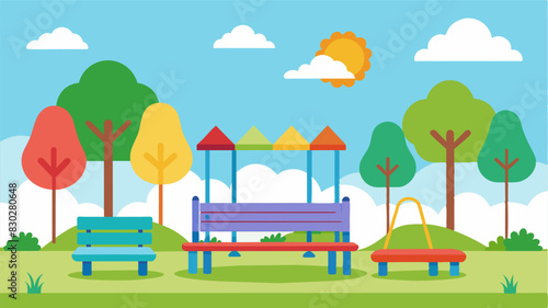 At the local playground a colorful friendship bench becomes a gathering spot for parents to chat and for children to make new friends while playing.. Vector illustration