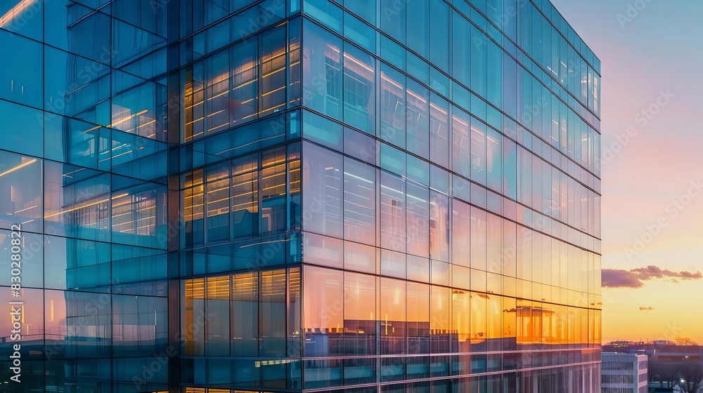 gleaming glass facade of modern threestory office building illuminated at sunset architectural photography gleaming glass facade of modern threestory office building illuminated at sunset architectural photography