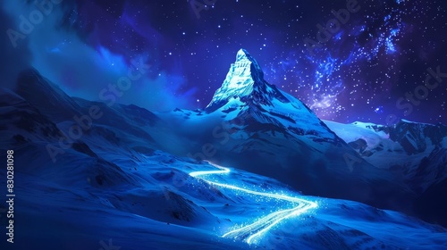 glowing winding path leading to majestic snowcovered mountain peak at night spiritual journey concept illustration