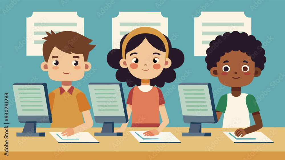 As the children complete their assignments they proudly print out their certificates of achievement a tangible reminder of their hard work and progress in the computer lab.. Vector illustration As the children complete their assignments they proudly print out their certificates of achievement a tangible reminder of their hard work and progress in the computer lab.. Vector illustration