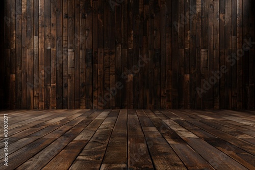 Black classic wooden highlighted wall background with lamp, sconce on the wall, mock up room, parquet floor