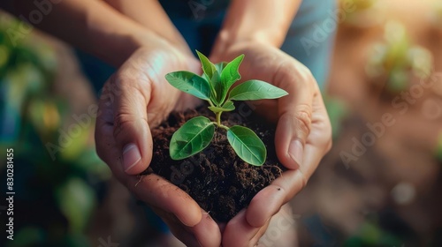 hands gently cradling seedling environmental business teamwork and growth concept