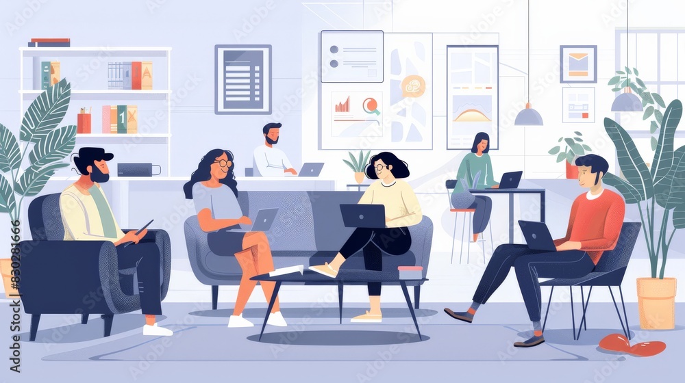 Flat design workplace with diverse characters interacting