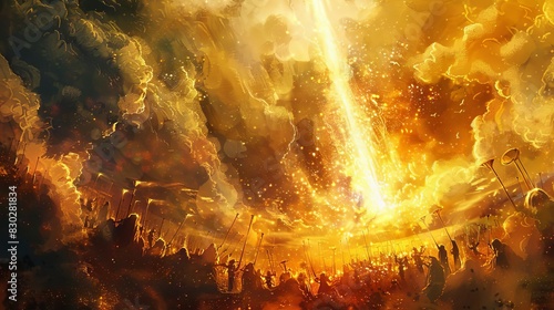 heavenly trumpets heralding the arrival of the king of kings on judgment day doomsday concept digital painting photo