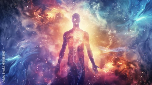 human body with luminous astral and causal bodies spiritual concept