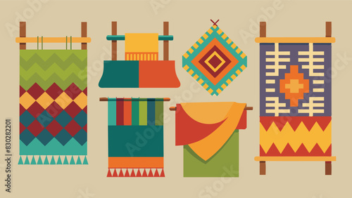 A series of woven textiles and fabrics from simple potholders to complex tapestries display the colorful and intricate work of the neighborhoods young weavers.. Vector illustration