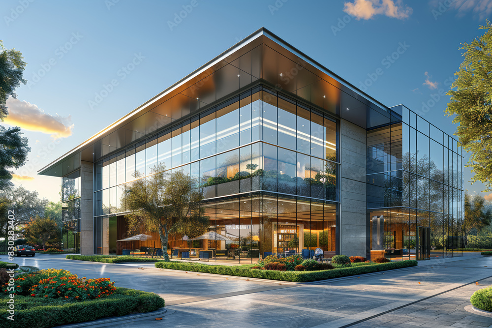 A corporate headquarters with a modern glass facade. Concept of business innovation and architecture. Generative Ai.