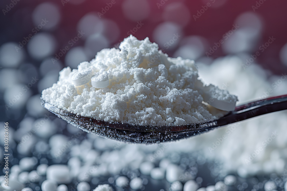 A packet of powdered medication poured into a measuring spoon against a plain backdrop, ready for mixing with liquid. Concept of powdered medication and dosage preparation. Generative Ai. A packet of powdered medication poured into a measuring spoon against a plain backdrop, ready for mixing with liquid. Concept of powdered medication and dosage preparation. Generative Ai.