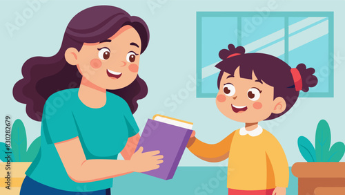 A young girl eagerly handing over her prized storybook to a fellow neighbor in exchange for a new adventure to dive into.. Vector illustration
