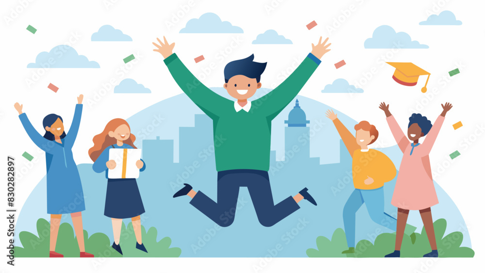 A student jumping up in triumph successfully identifying the capital city of a country and earning a round of applause from their peers.. Vector illustration A student jumping up in triumph successfully identifying the capital city of a country and earning a round of applause from their peers.. Vector illustration