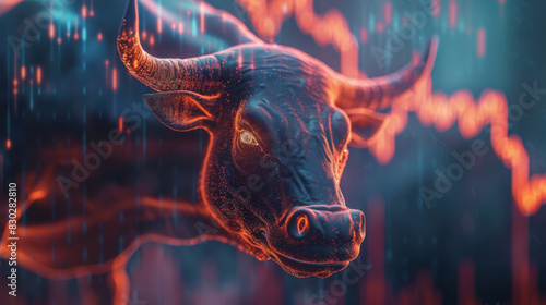 Striking 3d illustration of a bull symbolizing financial market growth amid digital data backdrop photo