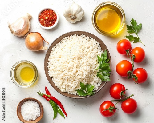 Ingredients for making Thaistyle fried rice, recipes such as bowls with rice, diced squid, onions, garlic, red bell peppers, tomatoes, a glass of broth, oil on a white worktop photo