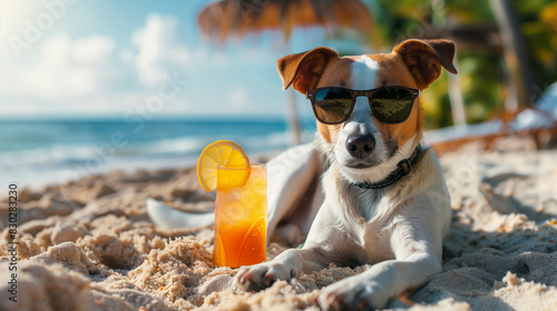 Cute dog jack russell terrier lying on beach with sunglasses and with cocktail beside him. Enjoying summer vacation. Generative Ai