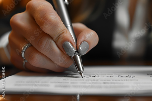 A person's hand signing a contract with a pen, formalizing a financial agreement or business deal. Concept of financial contracts and legal obligations. Generative Ai.