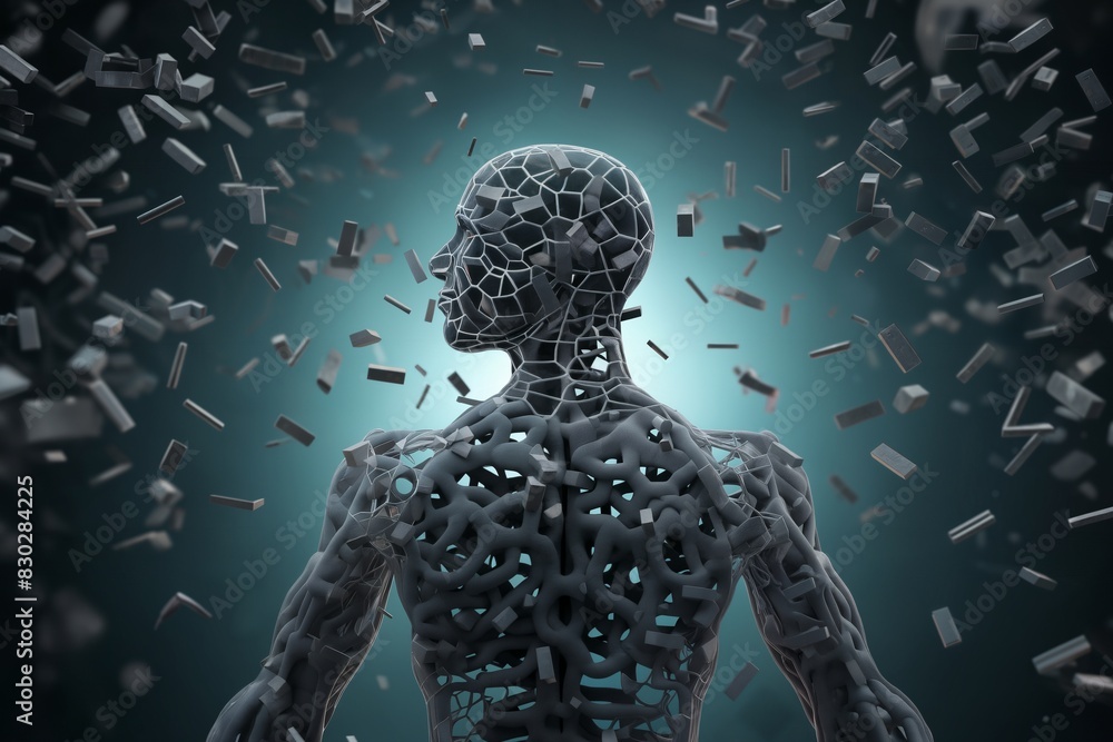 portrait of a robot with human body made of disintegrating squares and cubes, standing in front of a digital background with abstract particles in space, cybernetics, computer rendering portrait of a robot with human body made of disintegrating squares and cubes, standing in front of a digital background with abstract particles in space, cybernetics, computer rendering