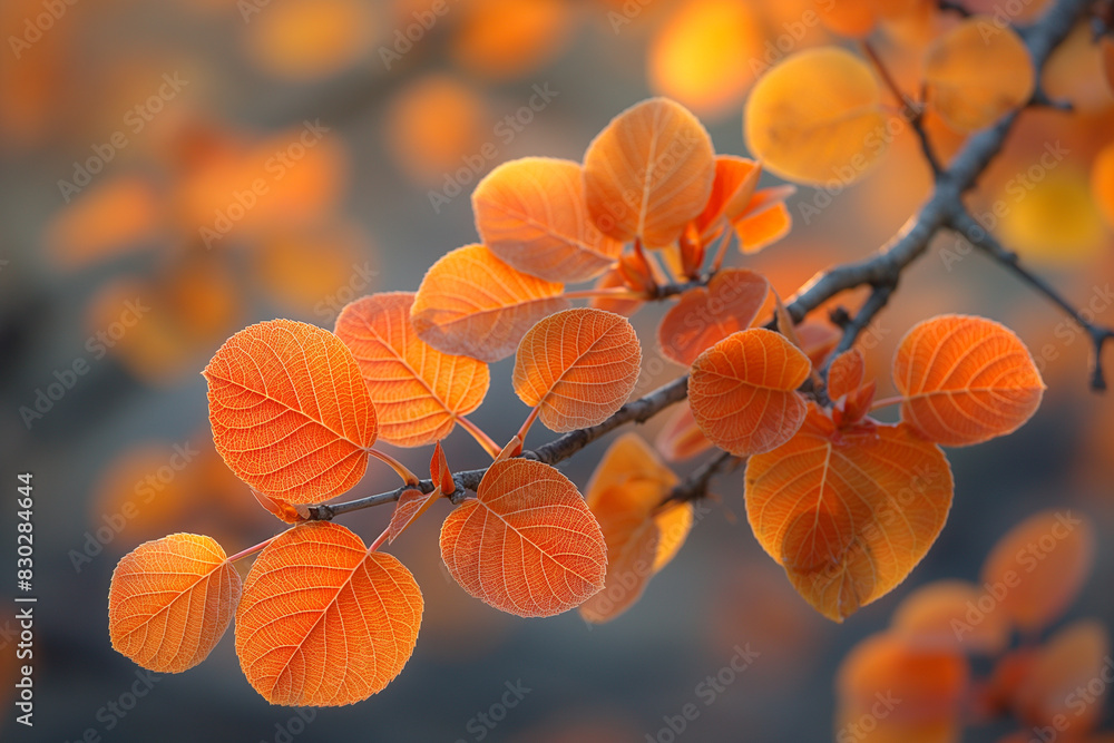 Obraz premium Quivering aspen leaves during a sunset, the warm light casting a golden glow and creating a tranquil atmosphere.