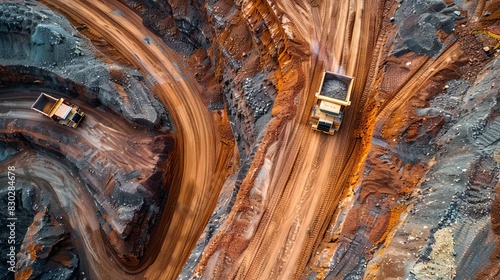 massive haul trucks transporting ore along winding dirt roads in active mine aerial photography
