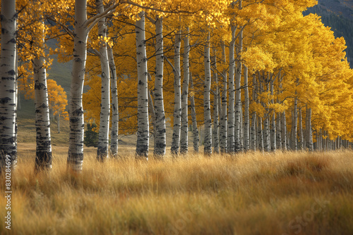 Aspen trees with quivering leaves  interspersed with tall grasses swaying in the wind  capturing the harmony of nature.