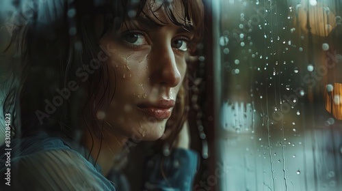 melancholic woman lost in thought as rain streaks down window pane emotional portrait photography
