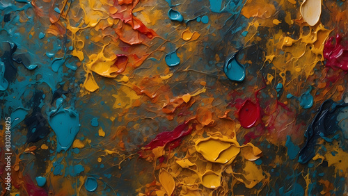 An energetic abstract image with splashes of yellow, orange, blue, and red paint on a dark background