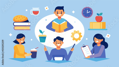 A neverending cycle of studybreakeatrepeat as students refuel with snacks in between spelling bee practice sessions.. Vector illustration