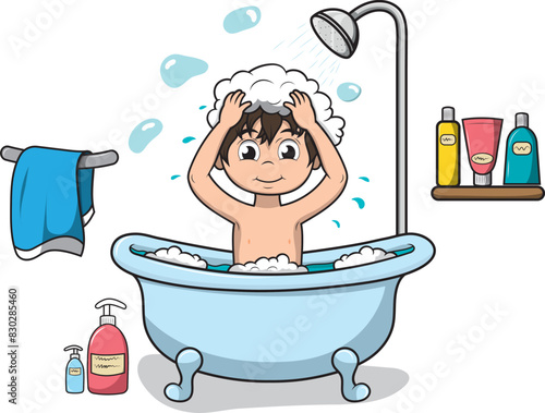 Niño bañándose en una bañera, aseo personal, limpieza corporal, ilustracion vectorial sin fondo.