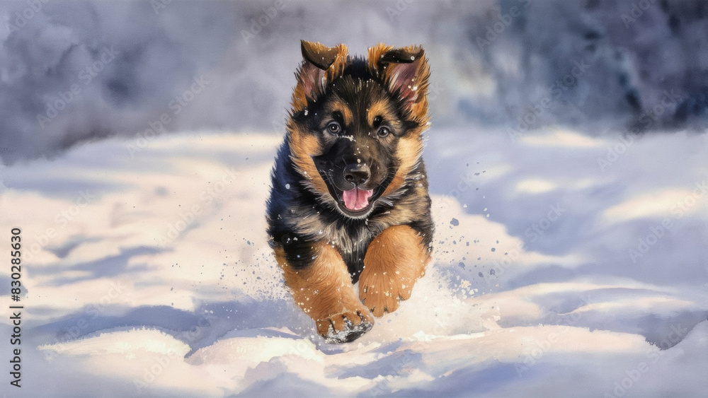 An energetic German Shepherd puppy running merrily through the freshly fallen snow.