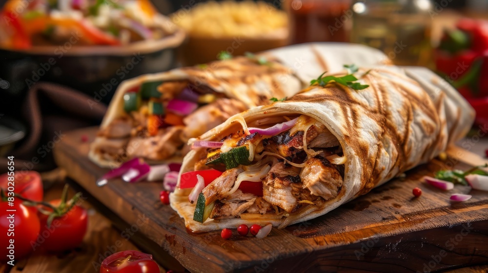 mouthwatering shawarma on wooden board grilled chicken wrap with fresh vegetables middle eastern street food