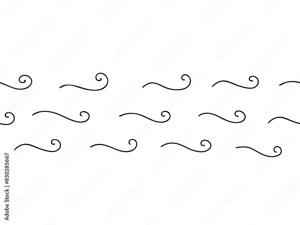 Sea Waves or Air flow Seamless Pattern horizontal border. Hand drawn curled simple lines. Sea storm scribble. Vector illustration in simple Doodle style isolated on white background. Sea Waves or Air flow Seamless Pattern horizontal border. Hand drawn curled simple lines. Sea storm scribble. Vector illustration in simple Doodle style isolated on white background.