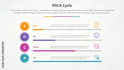 PDCA plan do check act framework infographic concept for slide presentation with horizontal bar percentage with 4 point list with flat style