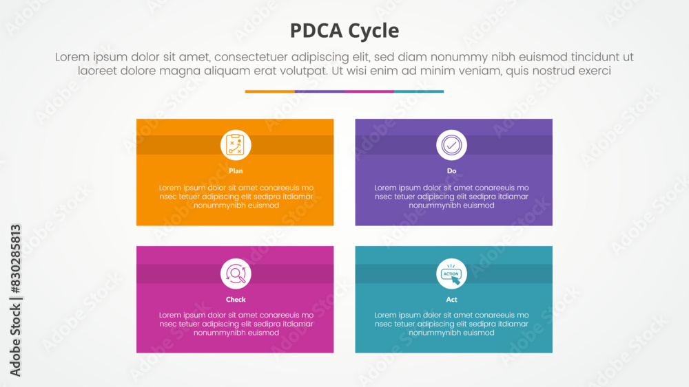 Fototapeta premium PDCA plan do check act framework infographic concept for slide presentation with rectangle box matrix structure with 4 point list with flat style
