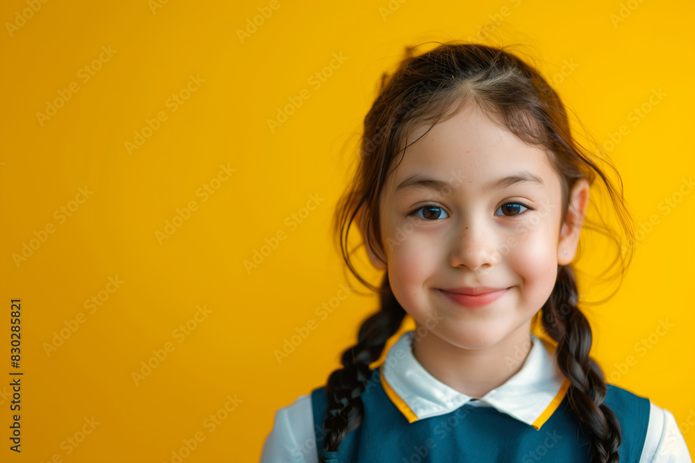 portrait of schoolgirl on yellow background portrait of schoolgirl on yellow background
