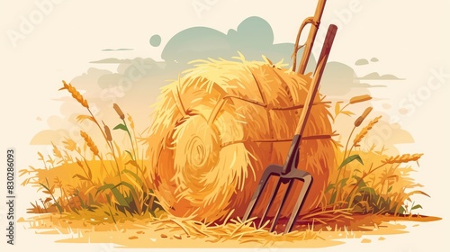 Close up raster icon depicting an isolated agricultural scene with a hayfork and hayrick A pitchfork rests next to a haystack laden with dried grass and wheat in a rural farmland setting photo