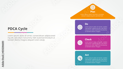 PDCA plan do check act framework infographic concept for slide presentation with arrow top direction and box stack structure with 4 point list with flat style photo