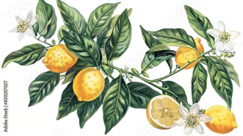 Botanical Illustration of Lemon Tree Branch, Generative AI