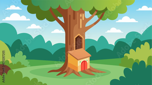 A tree trunk serves as the perfect foundation for a hollowedout book exchange box providing natural camouflage in a neighborhood surrounded by trees.. Vector illustration
