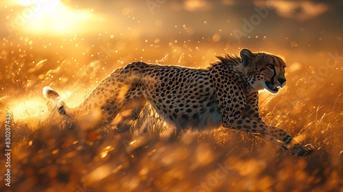 Cheetah in Full Speed at Golden Dusk A Majestic Scene in the Sands