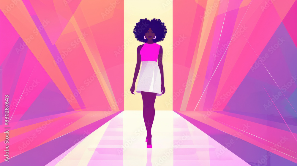 A woman confidently walks down a fashion runway in a stunning dress, showcasing elegance and style A woman confidently walks down a fashion runway in a stunning dress, showcasing elegance and style